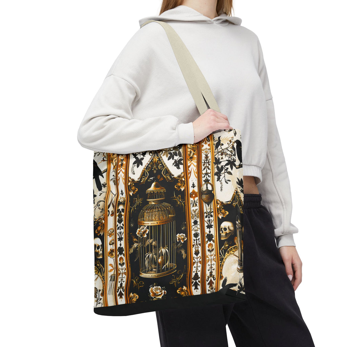 Vintage Gothic Birdcage Tote Bag - Victorian Skull and Floral Pattern Carryall