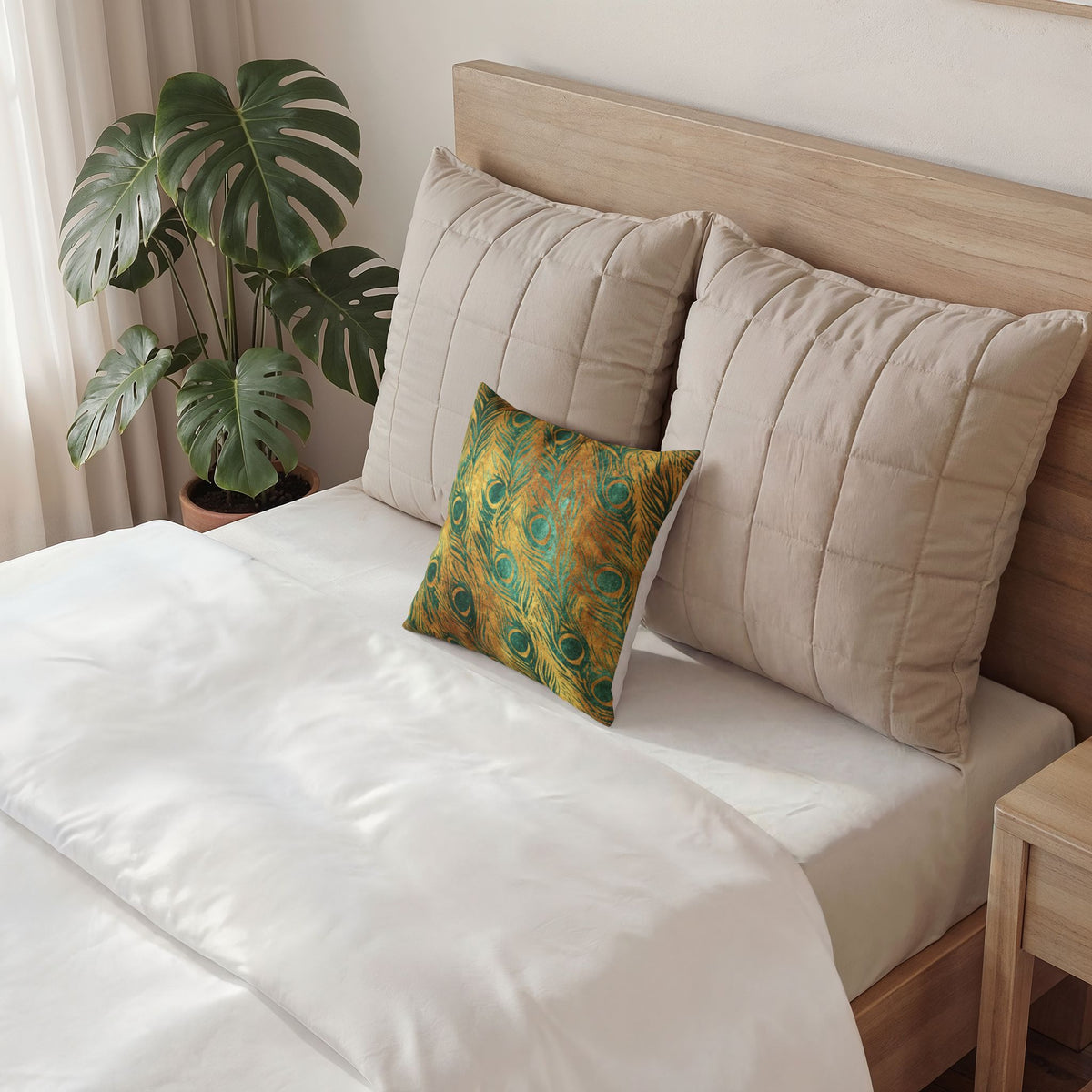 Peacock Feather Throw Pillow- Luxe Velvet Gold and Green Decorative Pillow