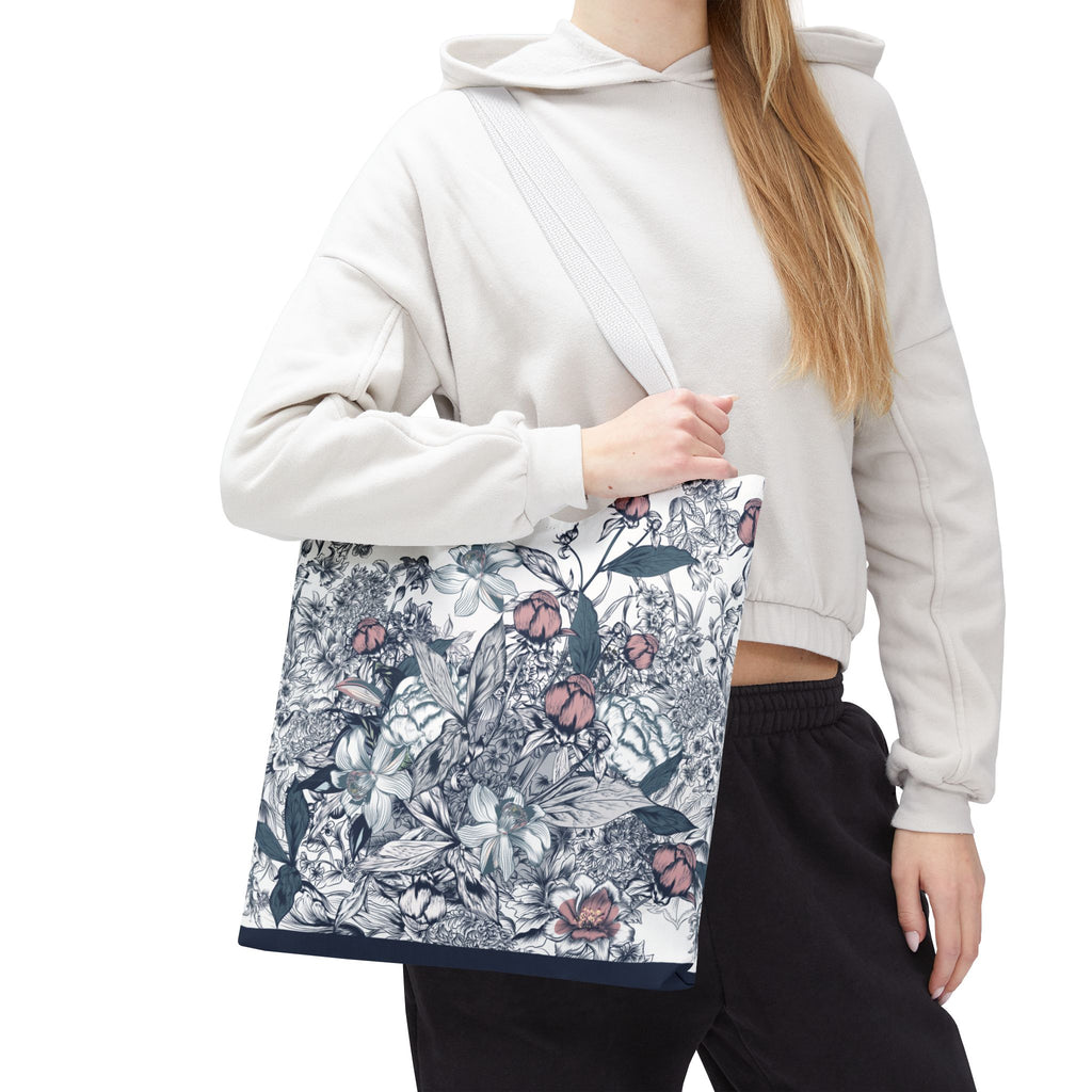 Navy and Pink Floral Sketch Tote Bag - Botanical Market Carryall
