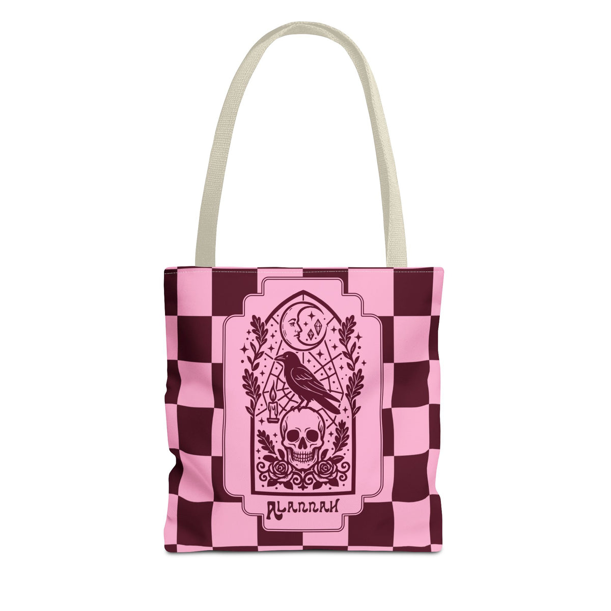Gothic Raven and Skull Checkerboard Tote Bag - Personalizable Pink Retro Goth Carryall