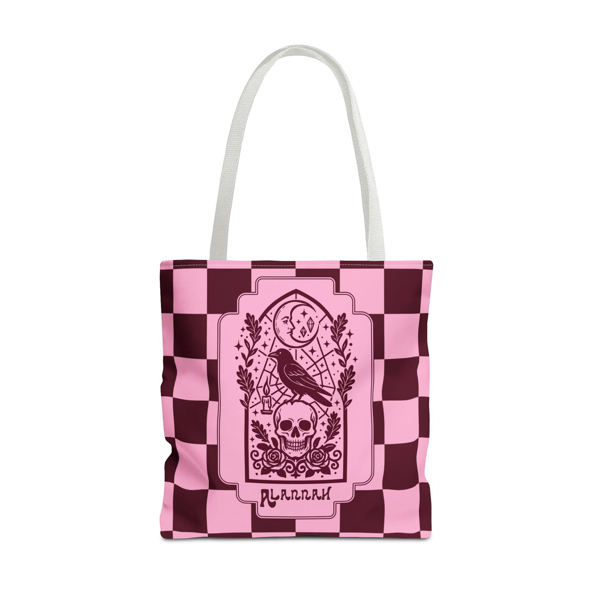 Gothic Raven and Skull Checkerboard Tote Bag - Personalizable Pink Retro Goth Carryall