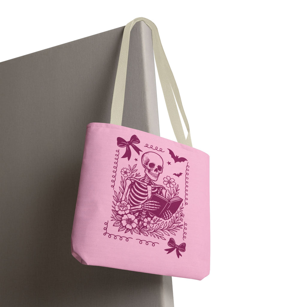 Floral Pink Reading Skeleton Tote Bag  - Cute Gothic Booklover Tote