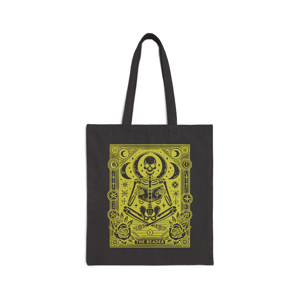 The Reader Skeleton Tarot Design in Green Cotton Canvas Tote