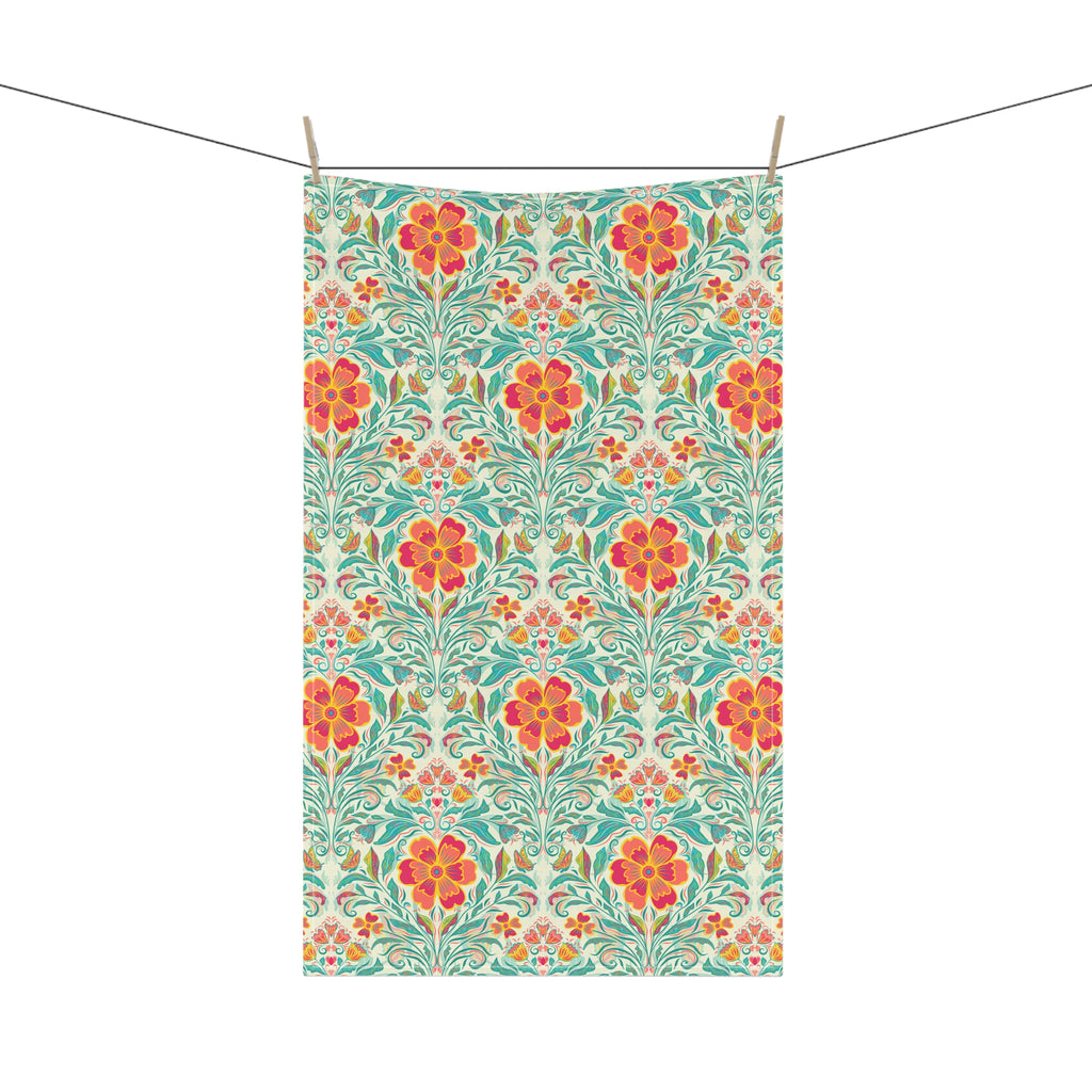 Art Nouveau Tea Towel - Red and Teal Floral Vintage Kitchen Towel