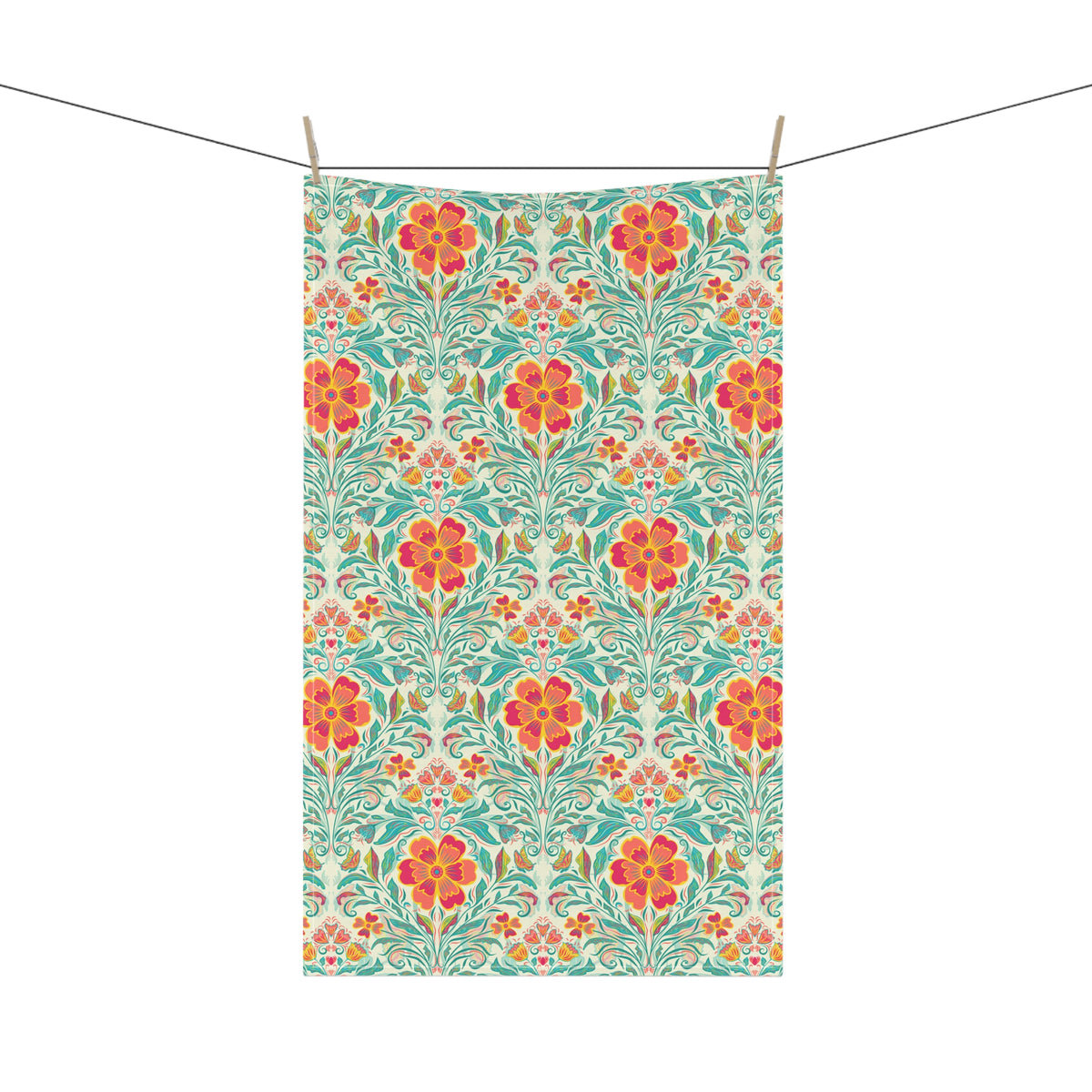 Art Nouveau Tea Towel - Red and Teal Floral Vintage Kitchen Towel