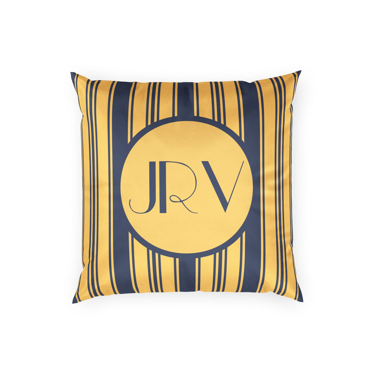 Personalizable Velvet Pillow - Blue and Gold Ticking Stripe Monogram Throw Pillow