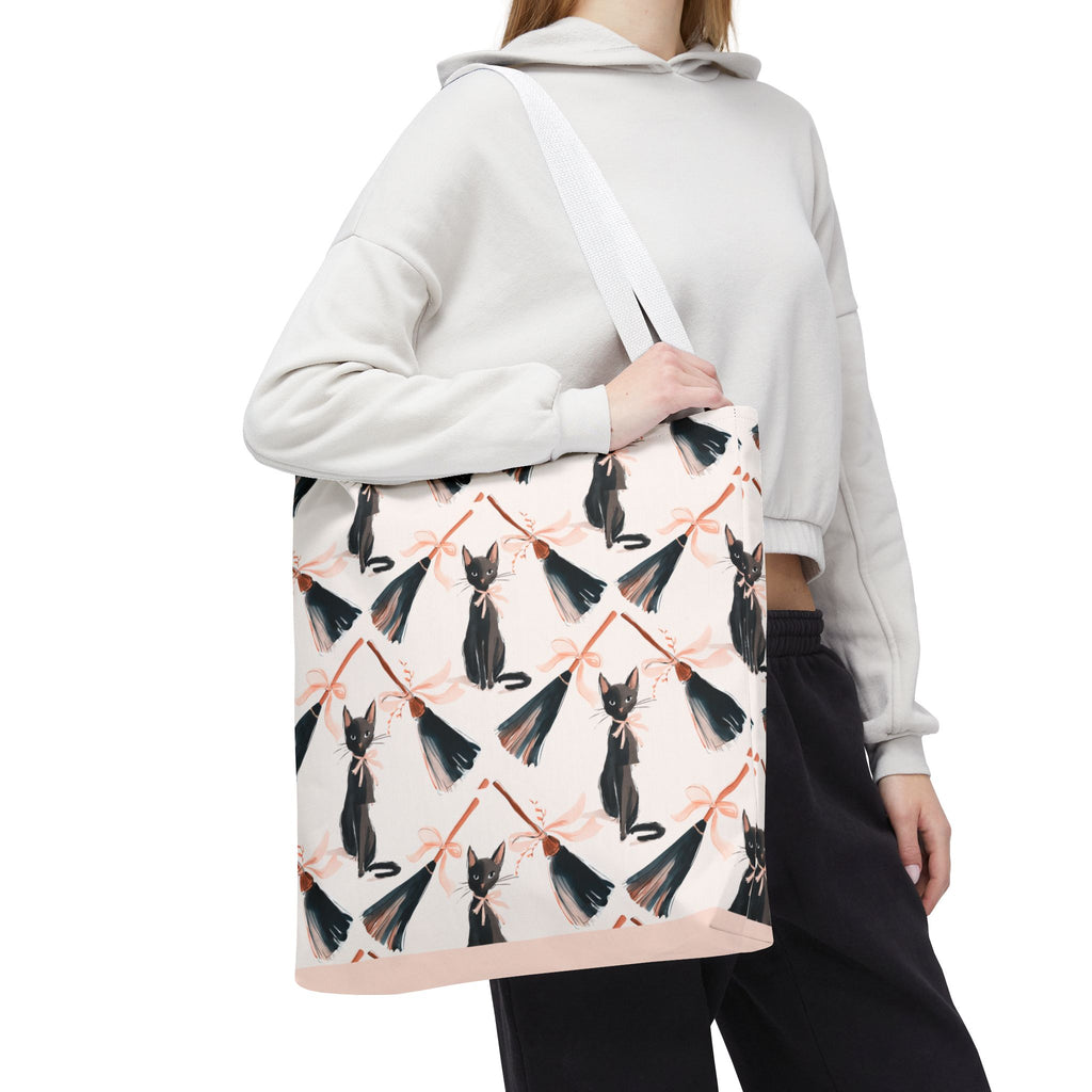 Witchy Black Cat and Broom Tote Bag
