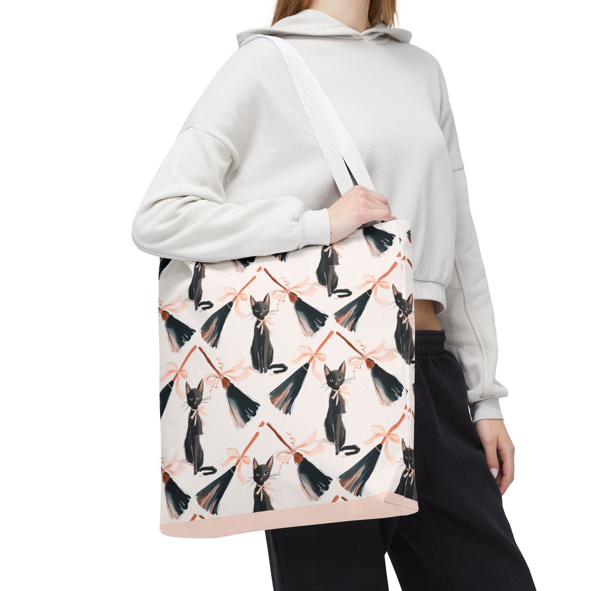 Witchy Black Cat and Broom Tote Bag