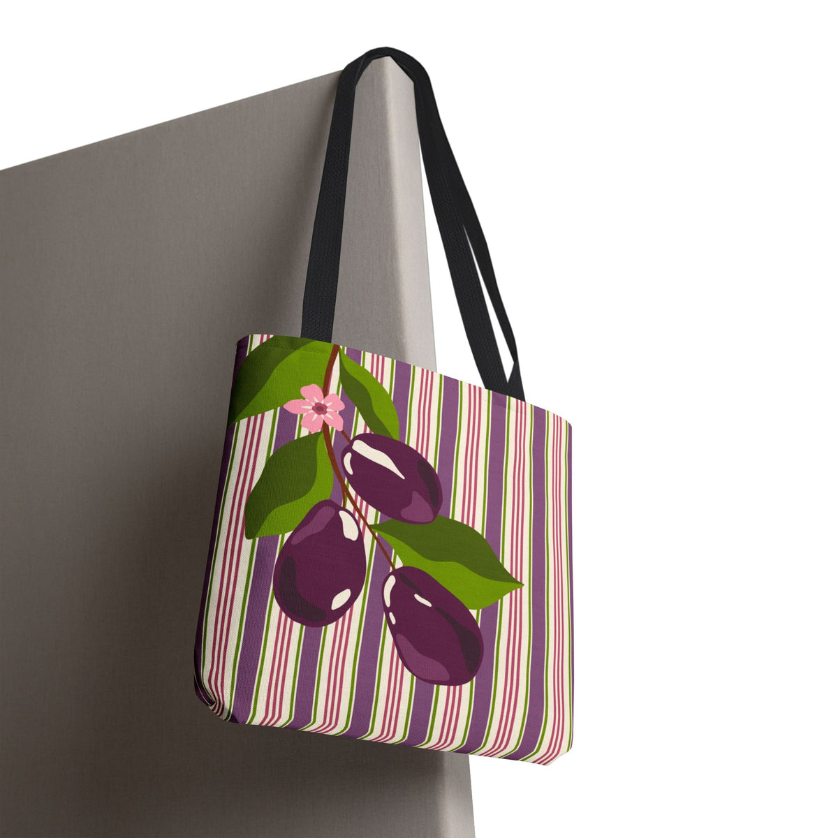 Plum Orchard Striped Tote Bag - Floral Plum Bouquet All-Over Print Tote