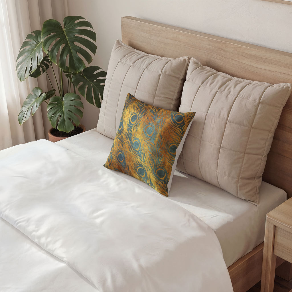 Peacock Feather Velvet Pillow - Luxe Gold and Teal Decorative Pillow