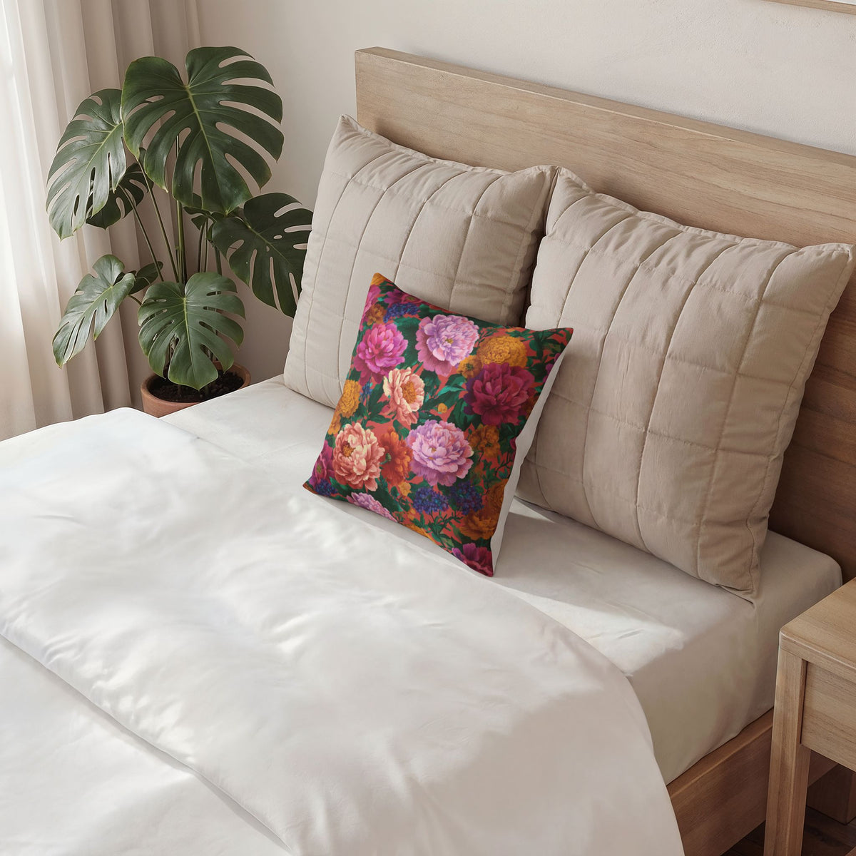 Floral Velvet Pillow - Vibrant Peony Garden Throw Pillow
