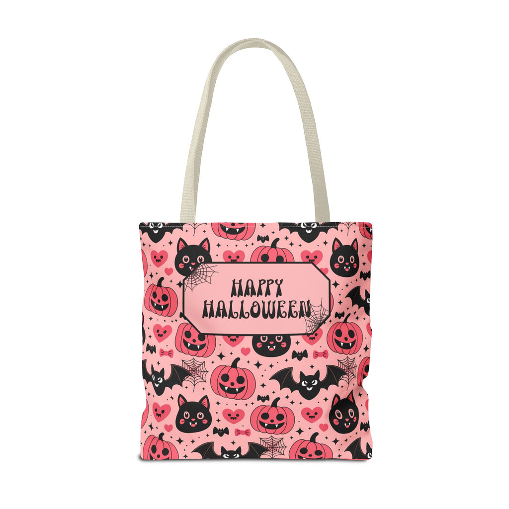Pink Halloween Trick or Treat Bag  -Personalizable Carryall with Cute Cats, Bats and Jack-O'-Lanterns