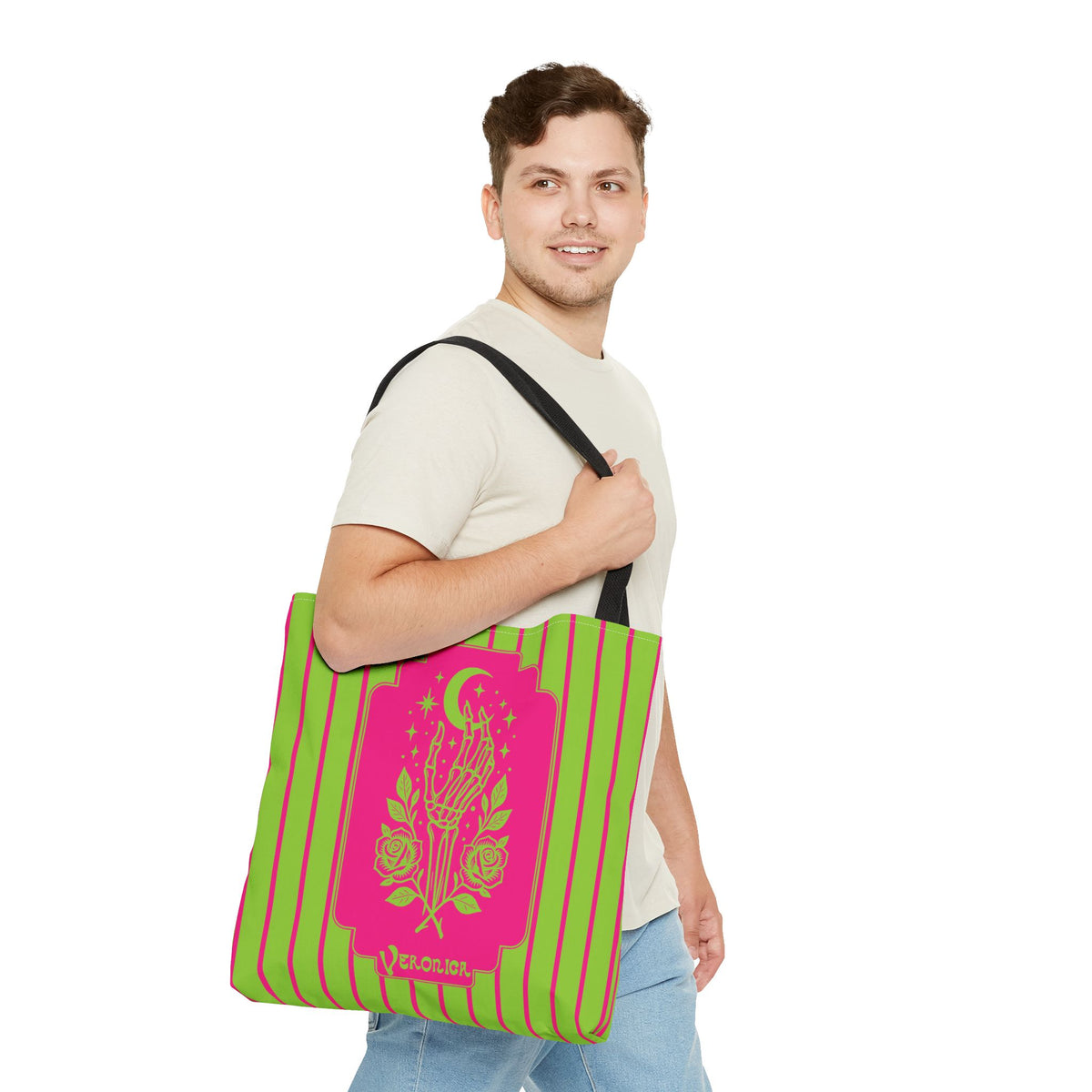 Mystic Skeletal Hand Tote Bag -Personalizable Retro Gothic Neon Moon and Roses Carryall