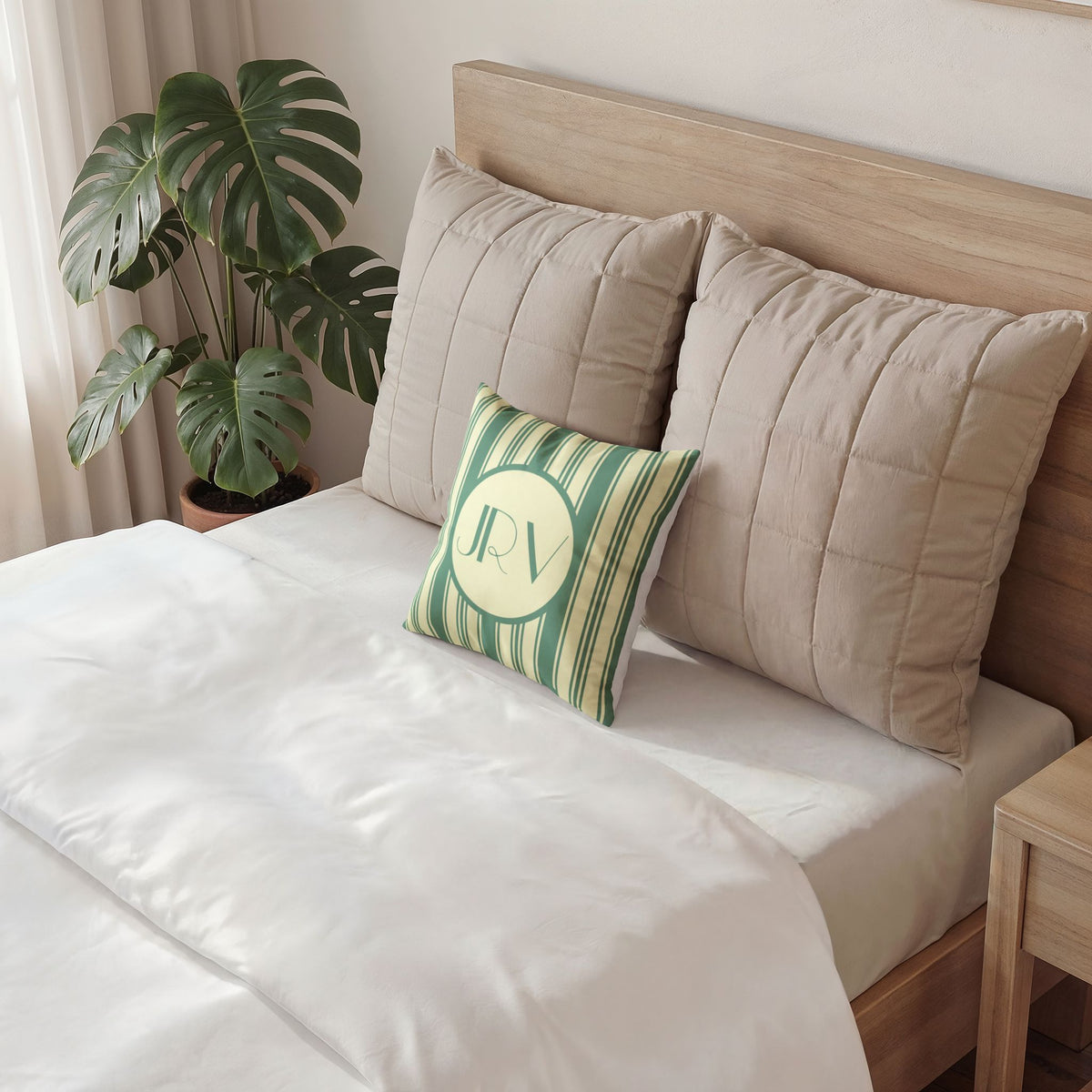 Vintage Striped Monogram Pillow - Mint and Cream Ticking Stripe Velvet Pillow