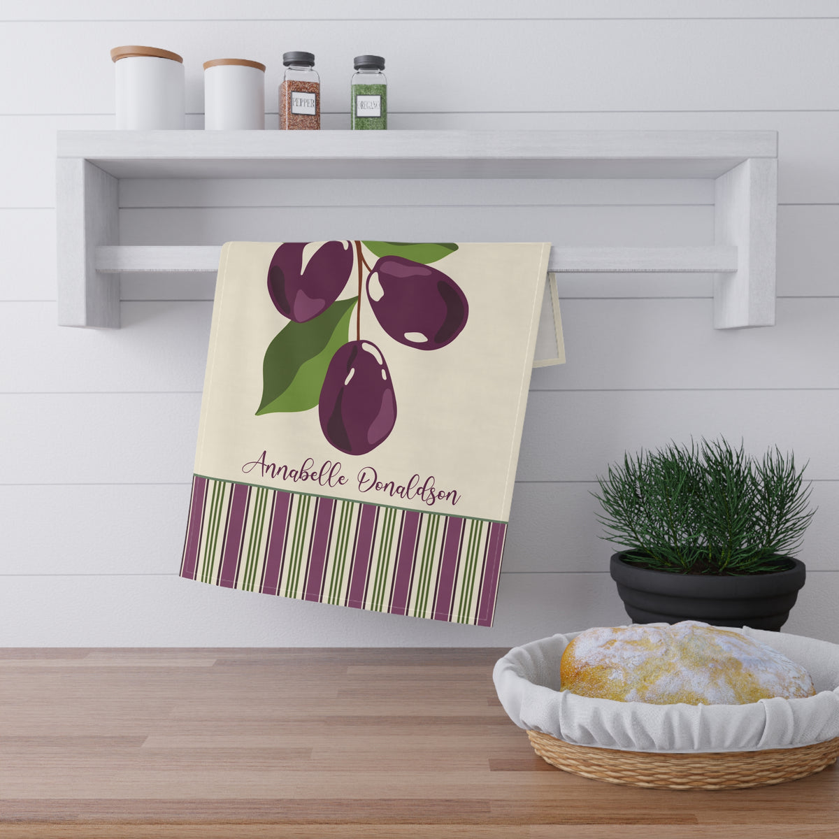 Personalizable Plum Tea Towel - Watercolor Illustration Striped Kitchen Towel