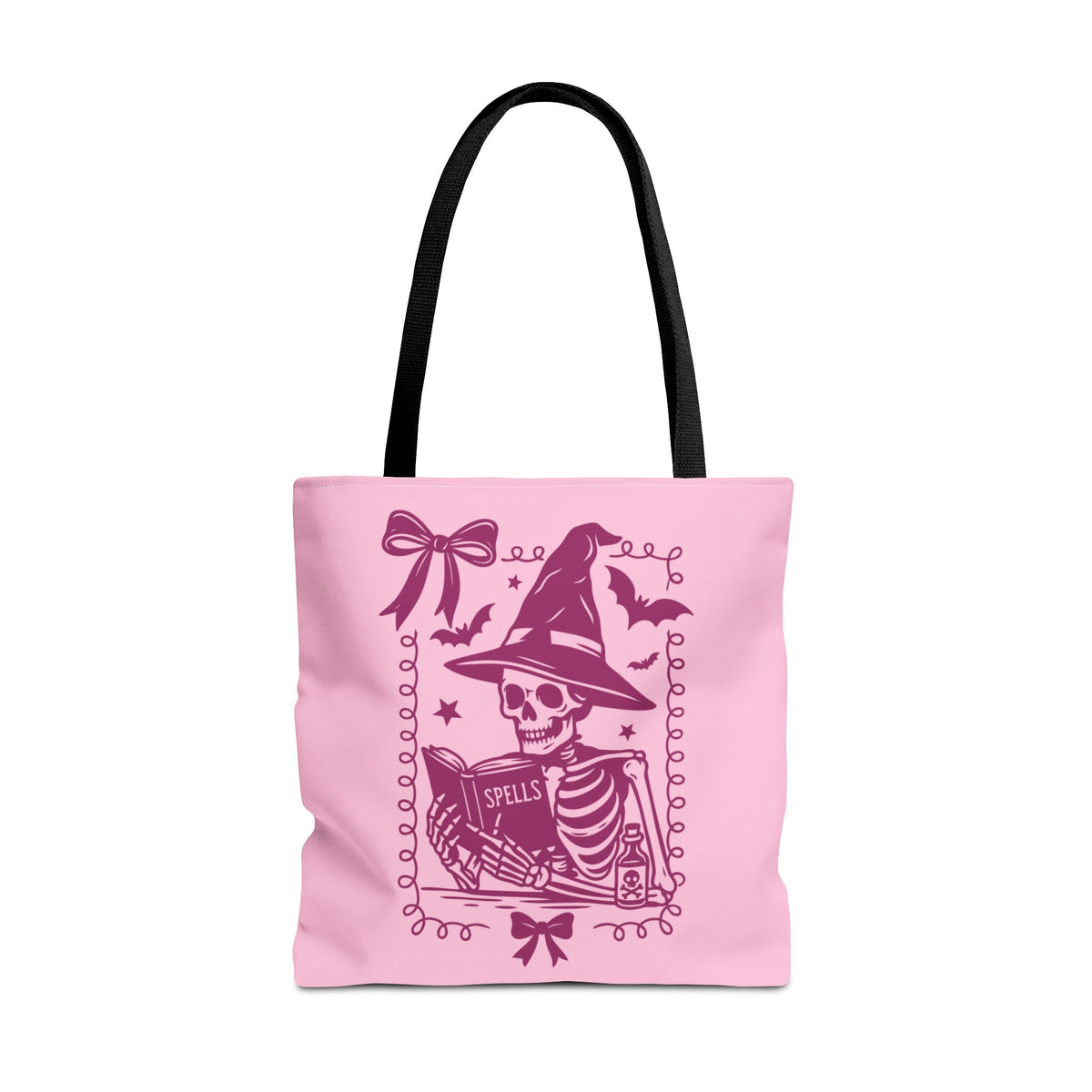 Pink Reading Witch Skeleton Tote Bag — Cute Coquette Frame Halloween Tote