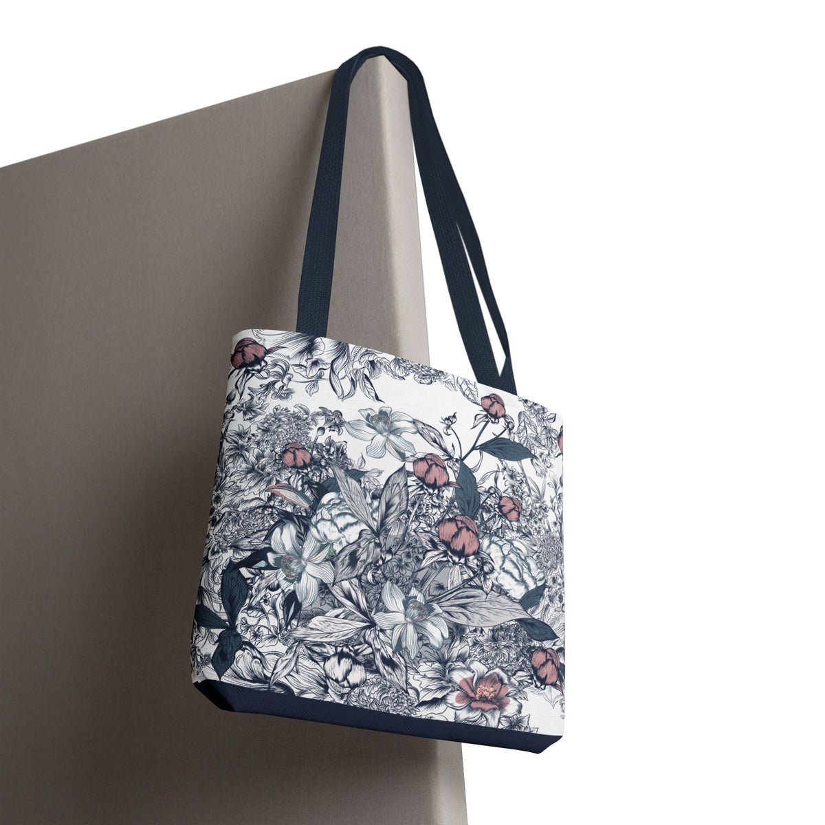 Navy and Pink Floral Sketch Tote Bag - Botanical Market Carryall