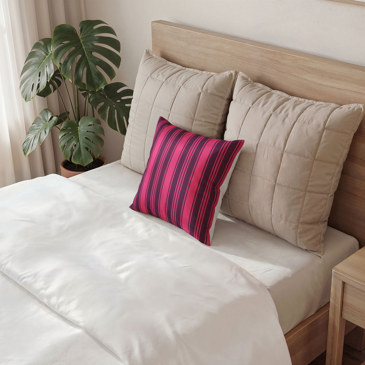 Decorative Velvet Pillow - Magenta and Violet Ticking Stripe Throw Pillow