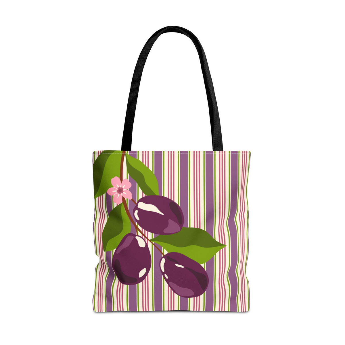 Plum Orchard Striped Tote Bag - Floral Plum Bouquet All-Over Print Tote