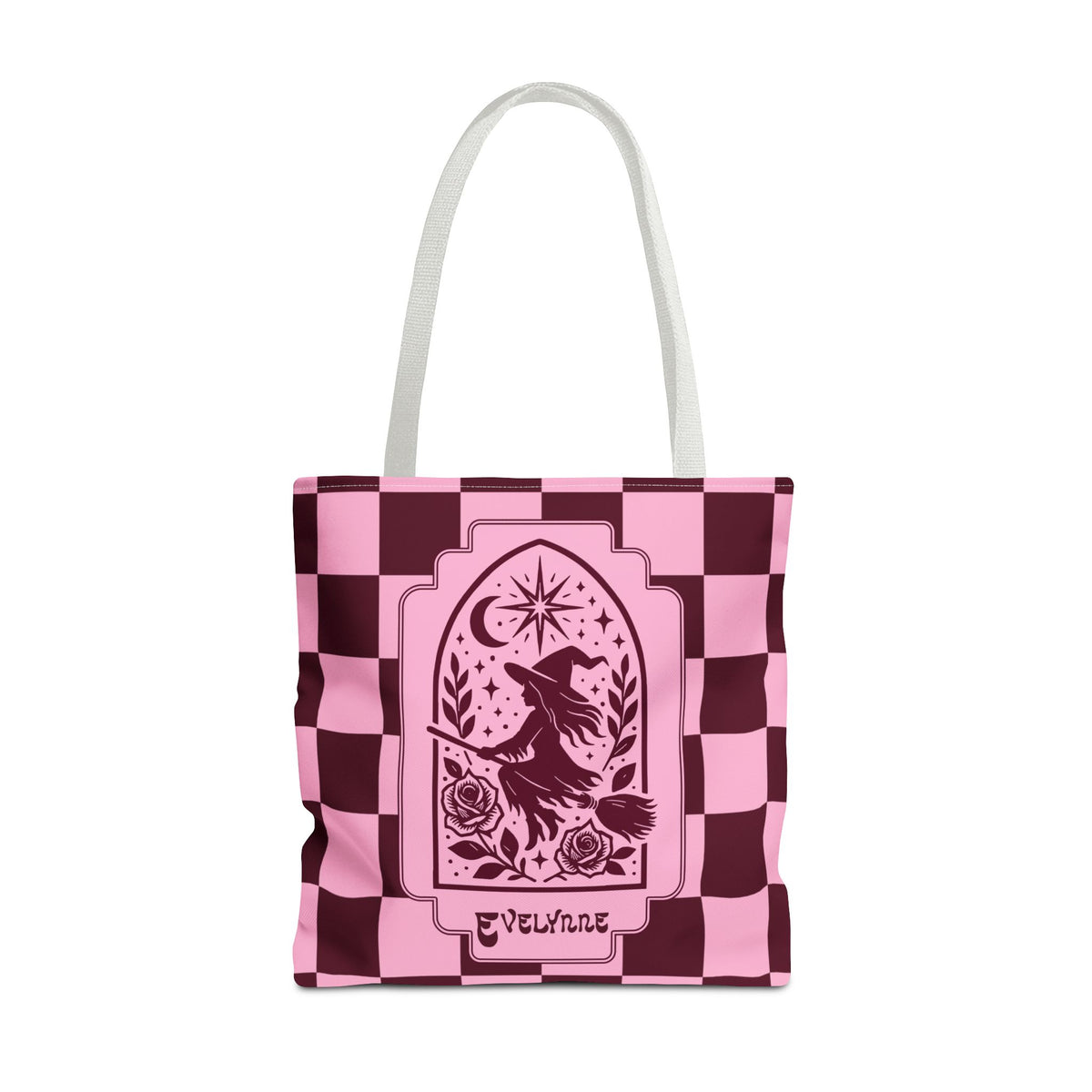 Pink and Burgundy Witch Silhouette Tote Bag - Personalizable Retro Goth Carryall