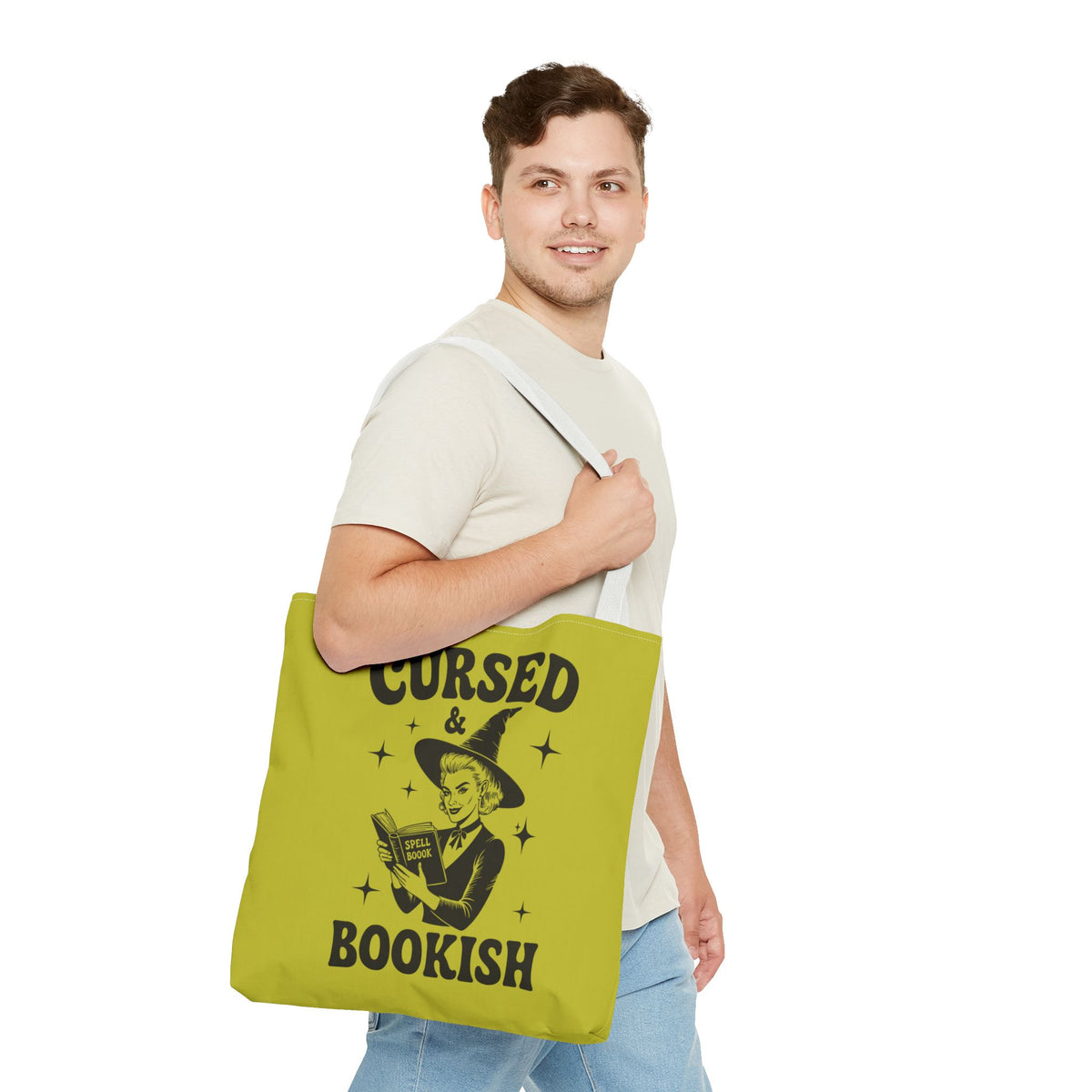 Cursed and Bookish Tote Bag — Green Witchy Reader Tote for Book Lovers