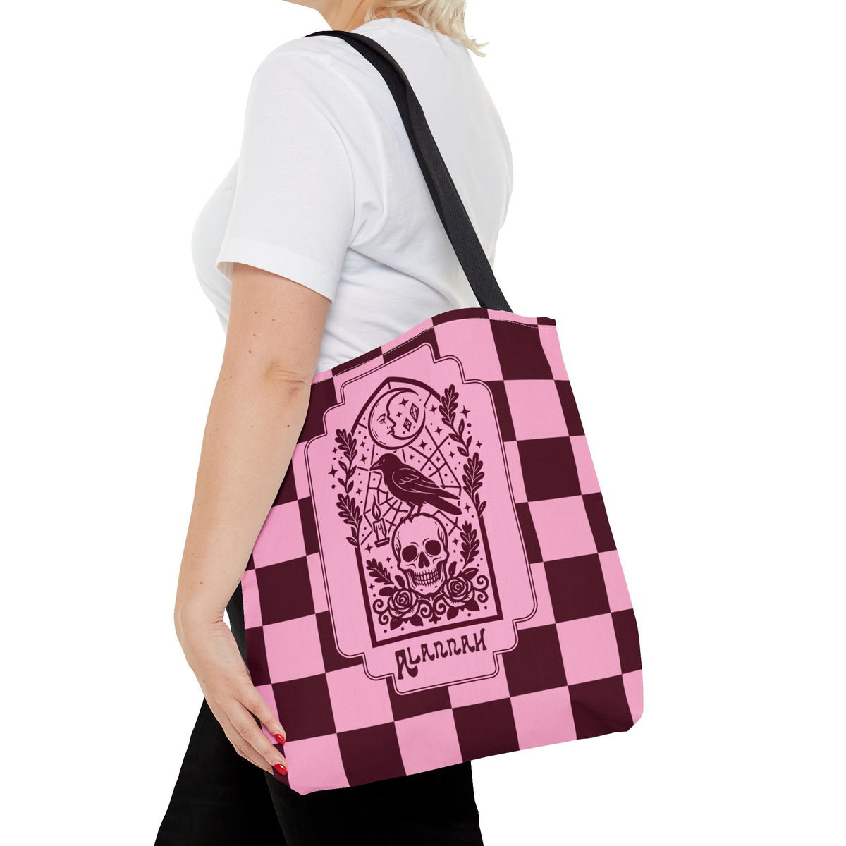 Gothic Raven and Skull Checkerboard Tote Bag - Personalizable Pink Retro Goth Carryall