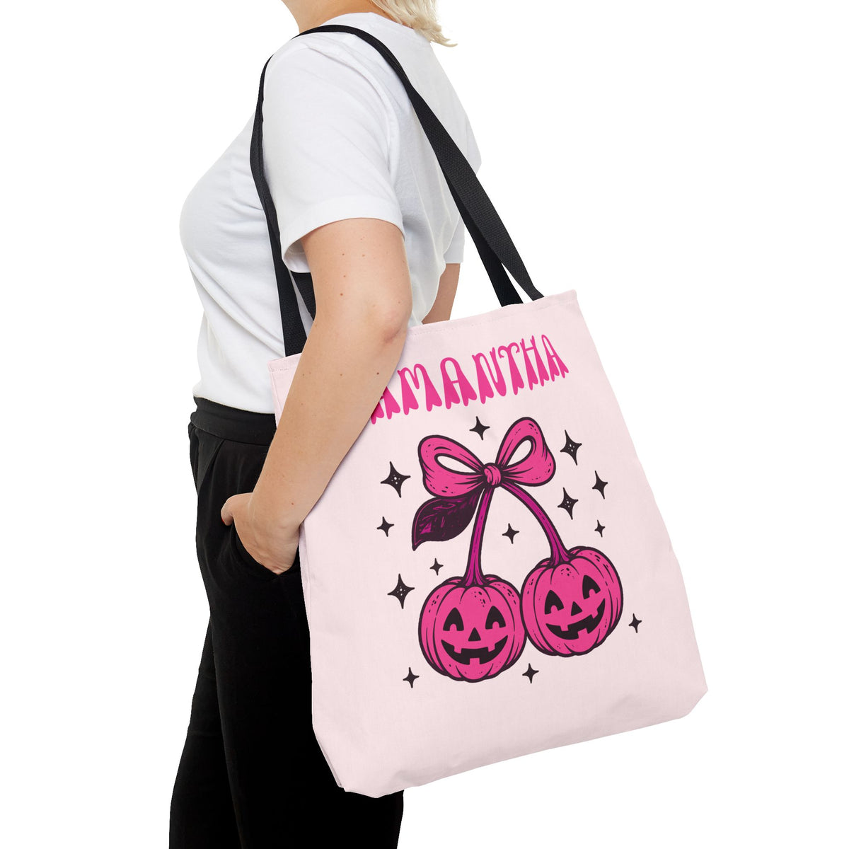 Personalized Halloween Tote - Pink Pumpkin Cherries "So Cute It's Spooky" Trick or Treat Bag