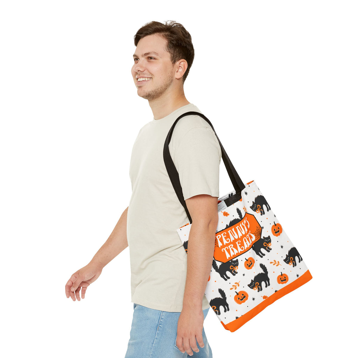 Cute Black Cats and Pumpkins Carryall -Personalized Halloween Trick or Treat Tote Bag