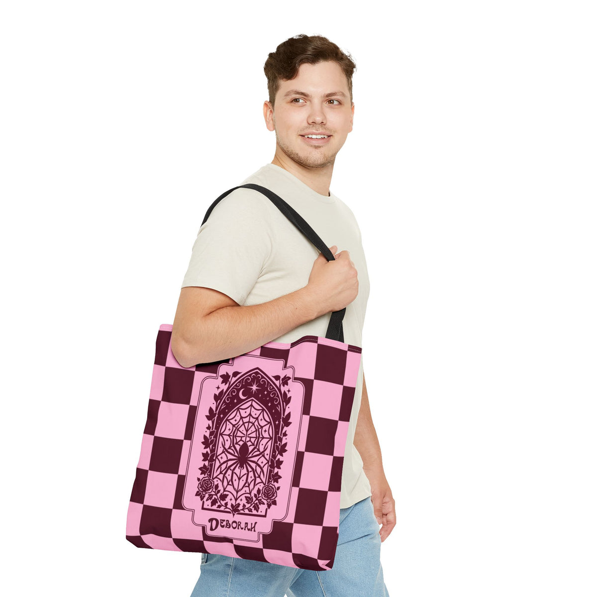 Personalizable Pink and Burgundy Retro Goth Tote with Mystic Spider Stained Glass Design