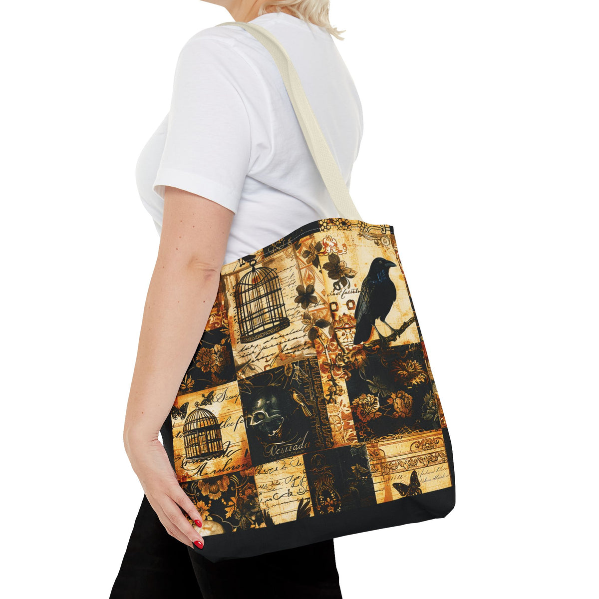 Gothic Raven Patchwork Tote Bag – Vintage Sepia and Black Collage Print