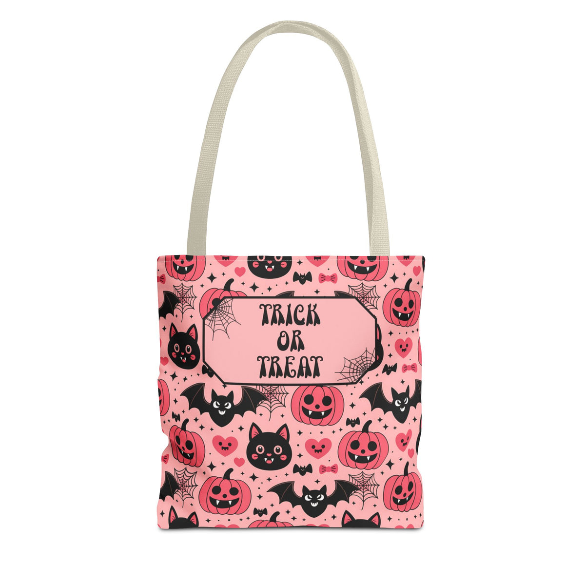 Pink Halloween Trick or Treat Bag  -Personalizable Carryall with Cute Cats, Bats and Jack-O'-Lanterns