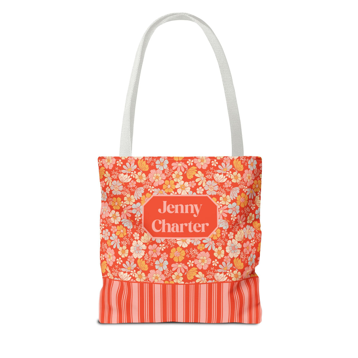 Personalizable Floral Striped Tote Bag - Orange Retro Blossom Tote
