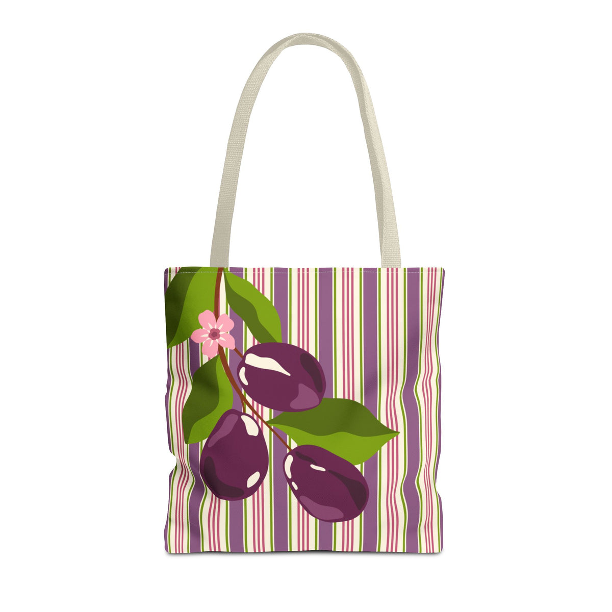Plum Orchard Striped Tote Bag - Floral Plum Bouquet All-Over Print Tote