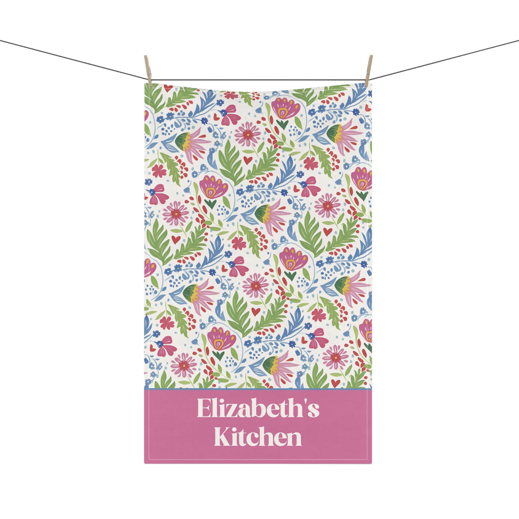 Personalizable Folk Art Tea Towel - Bright Floral Pattern Kitchen Towel
