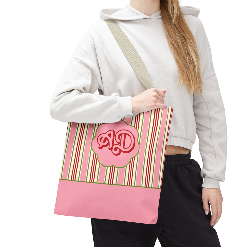 Customizable Striped Pink Tote Bag – Vintage Strawberry Stripe Monogram Tote Bag
