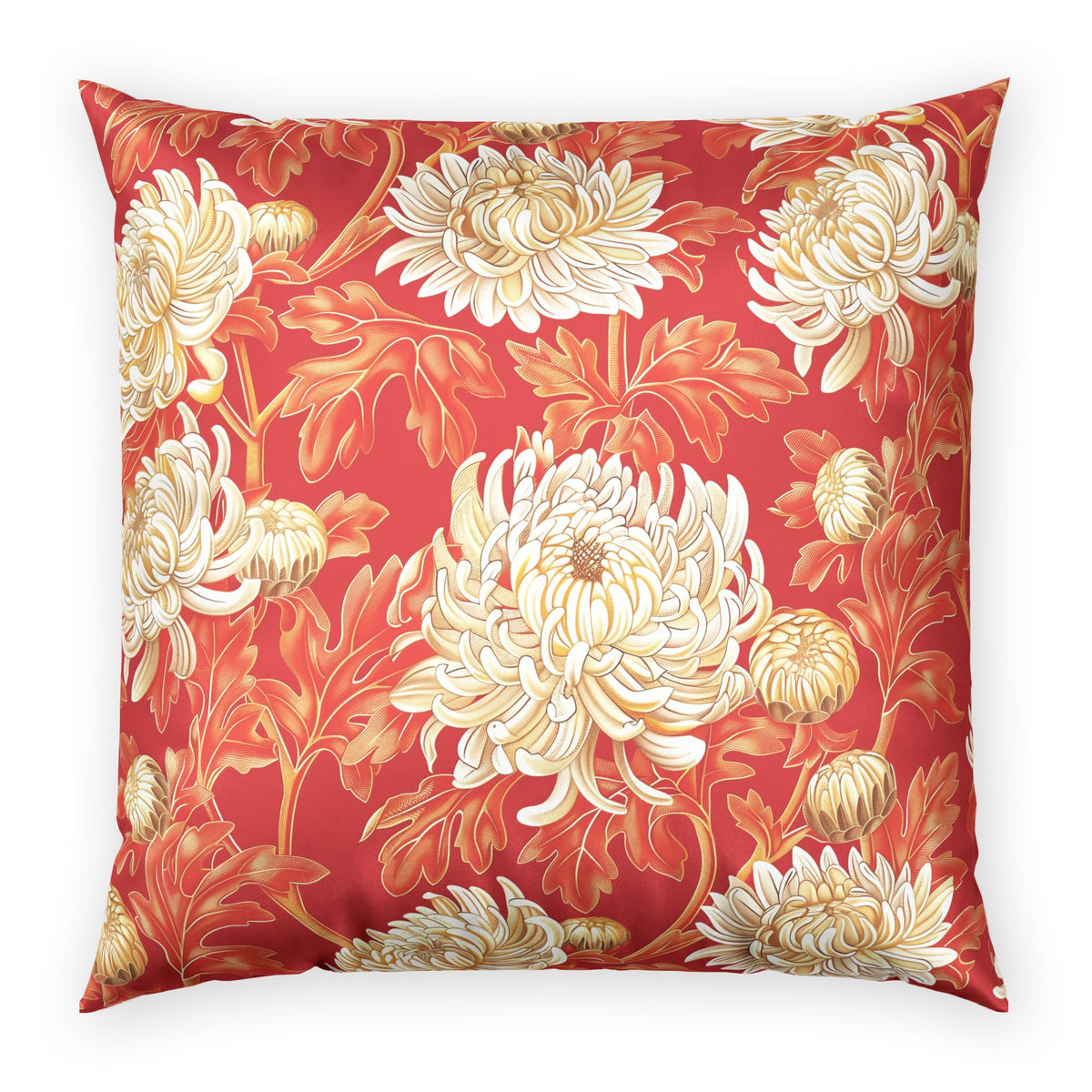 Elegant Floral Velvet Pillow - Cream Chrysanthemums on Vermillion Decorative Pillow
