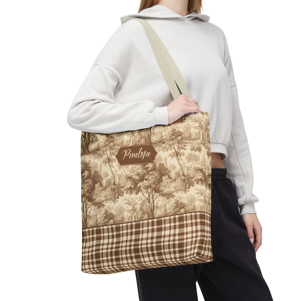 Personalized Market Tote -  Vintage Sepia Toile and Plaid Rustic Country Carryall