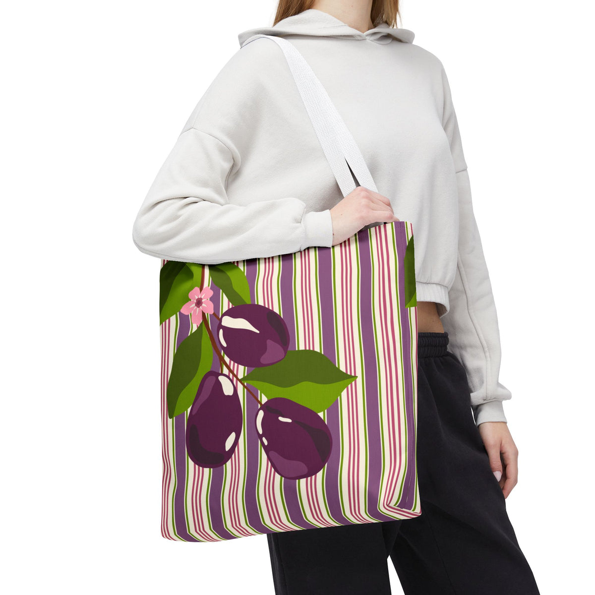 Plum Orchard Striped Tote Bag - Floral Plum Bouquet All-Over Print Tote