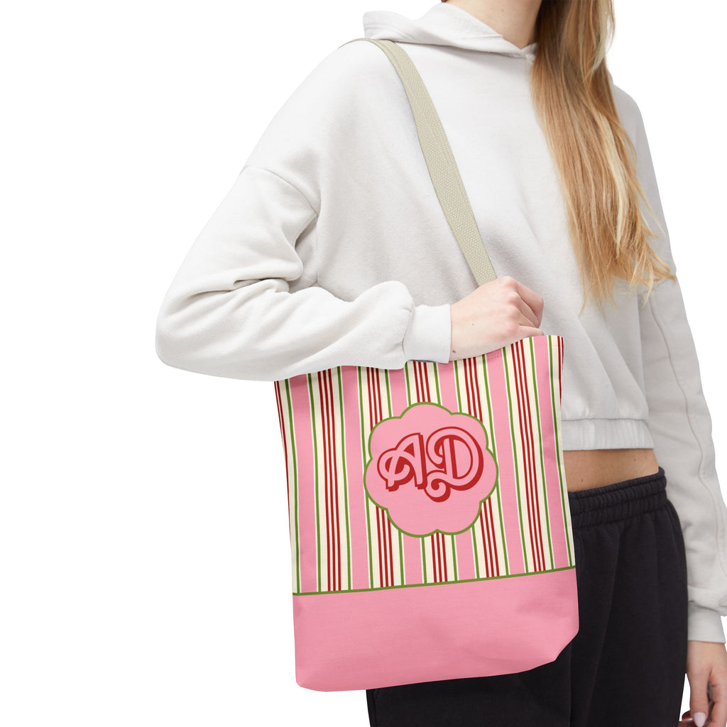 Customizable Striped Pink Tote Bag – Vintage Strawberry Stripe Monogram Tote Bag