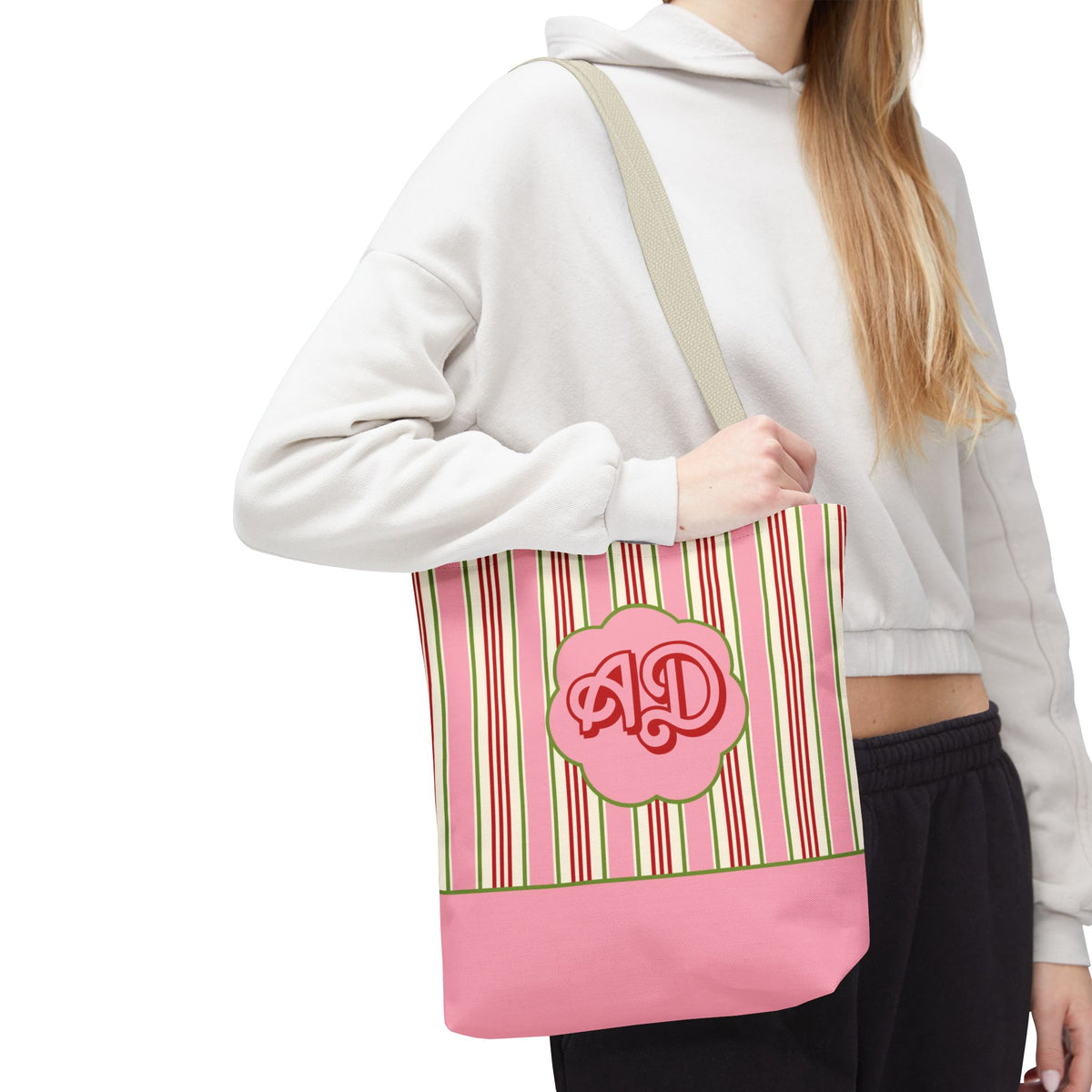 Customizable Striped Pink Tote Bag – Vintage Strawberry Stripe Monogram Tote Bag