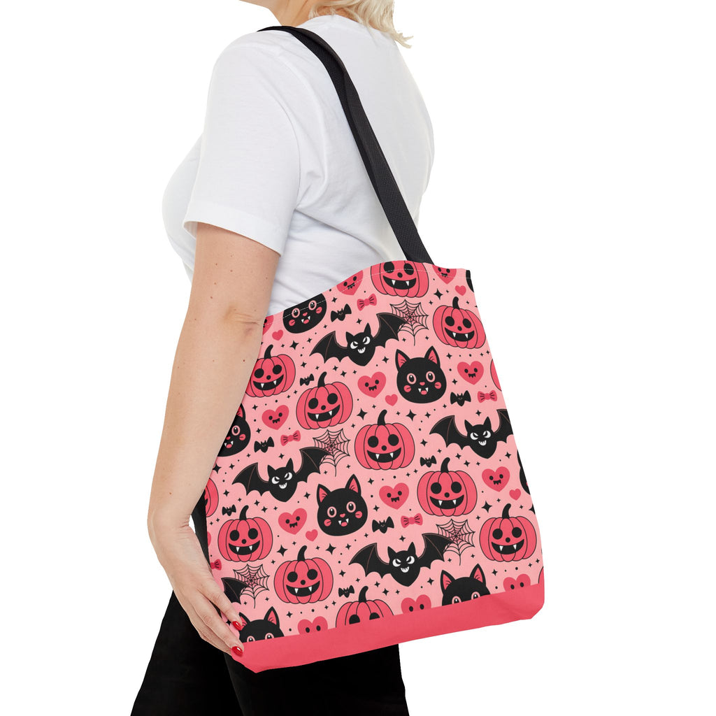 Cute Halloween Trick or Treat Tote Bag  - Pink Pumpkins, Black Cats and Bats Candy Carryall
