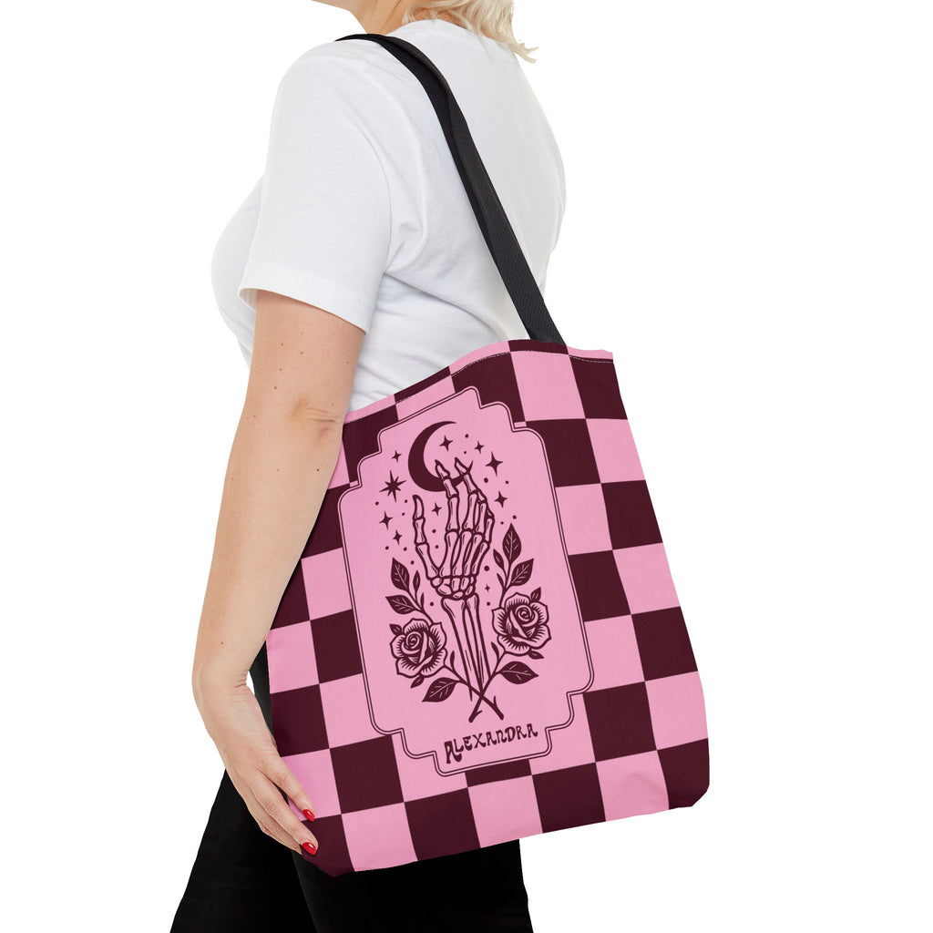 Personalizable Pink Checker Skeletal Hand Tote Bag — Gothic Moon and Roses Carryall