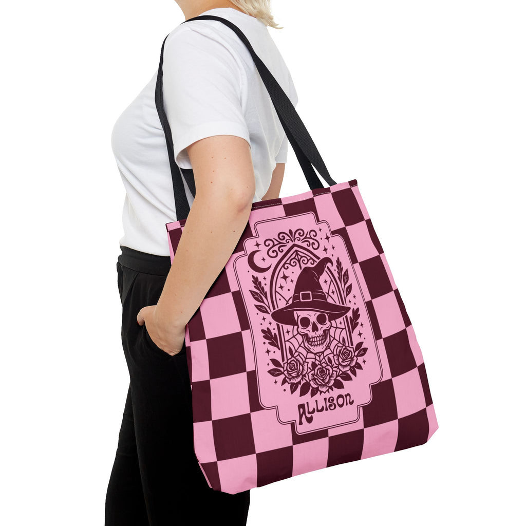 Pink Spooky Checkerboard Carryall - Gothic Witch Skull Personalizable Tote