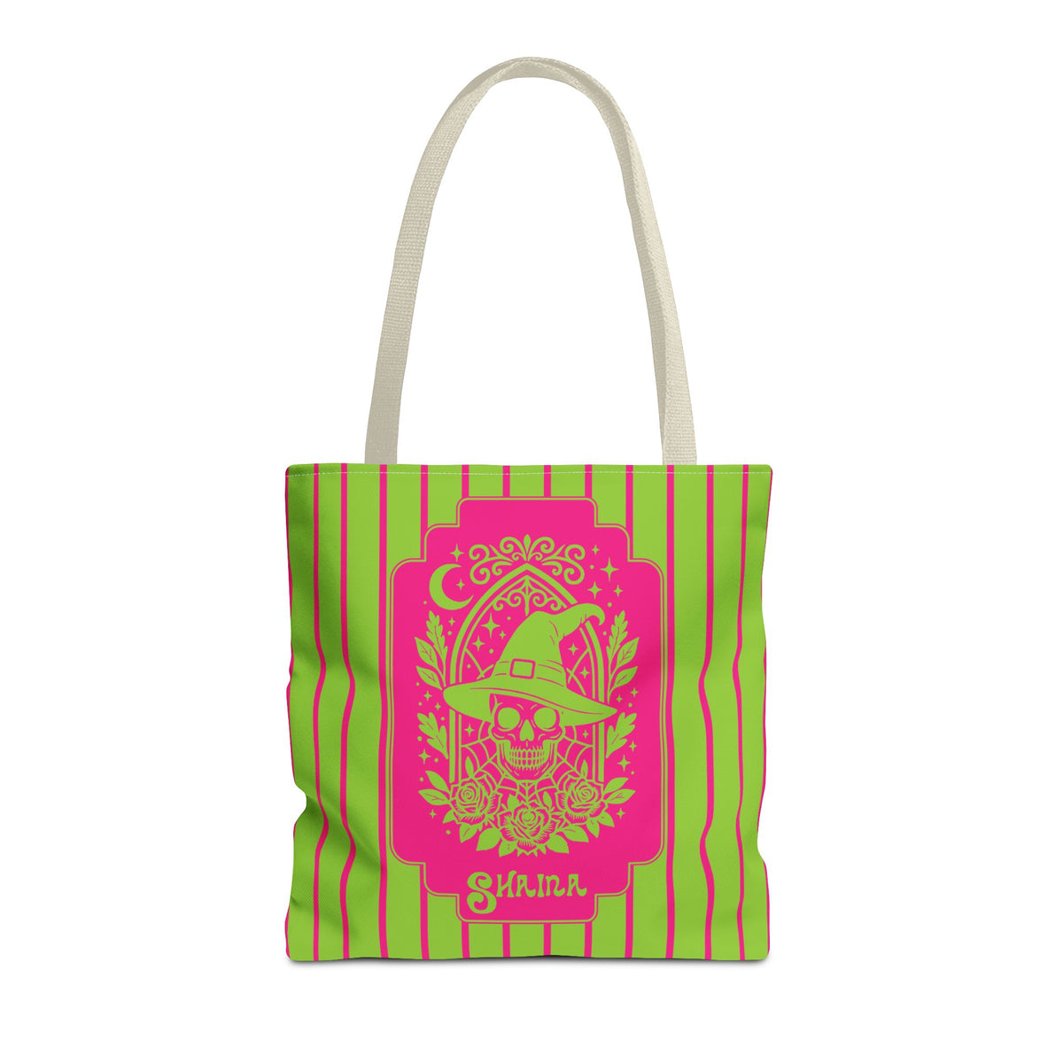 Retro Goth Skull Witch Tote Bag — Neon Pink and Lime Striped Tote