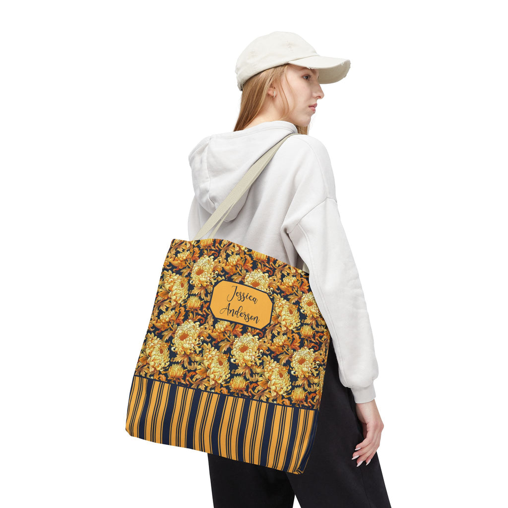 Personalizable Floral Harvest Tote Bag — Vintage Chrysanthemum Striped Tote