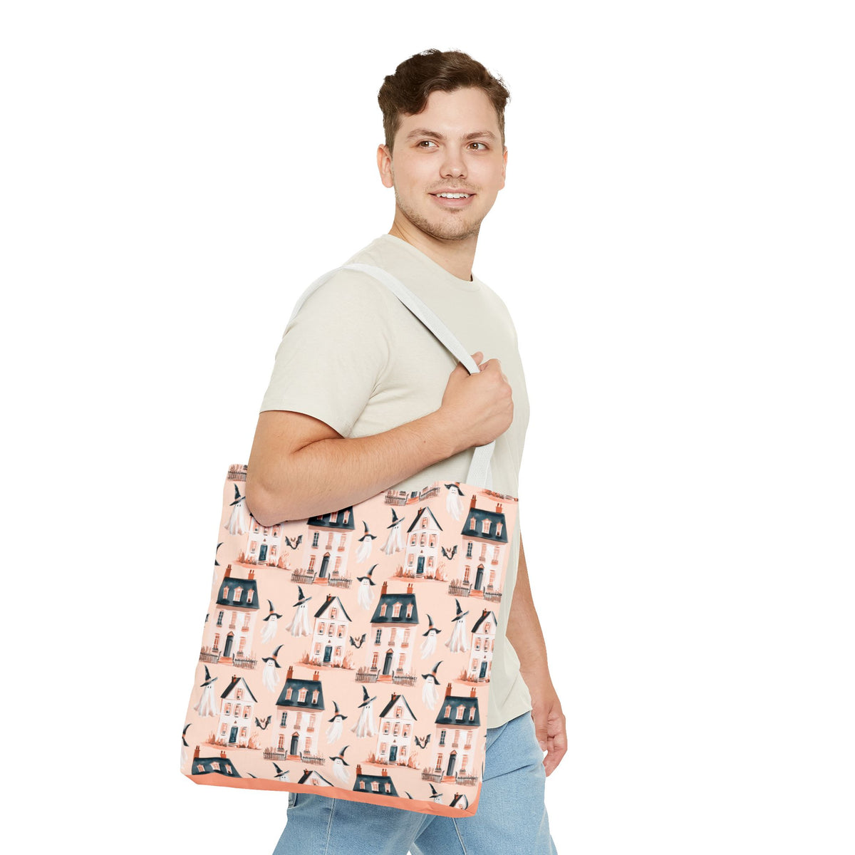 Spooky Cottage Pattern Tote -Haunted Village Ghosts and Houses Bag