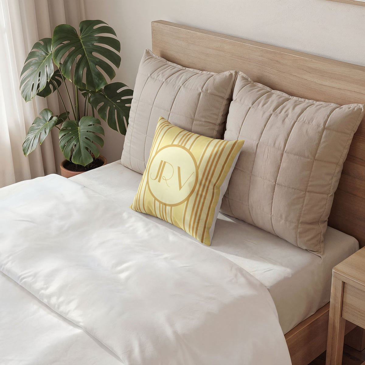 Personalizable Velvet Pillow - Butter Yellow Striped Monogram Pillow