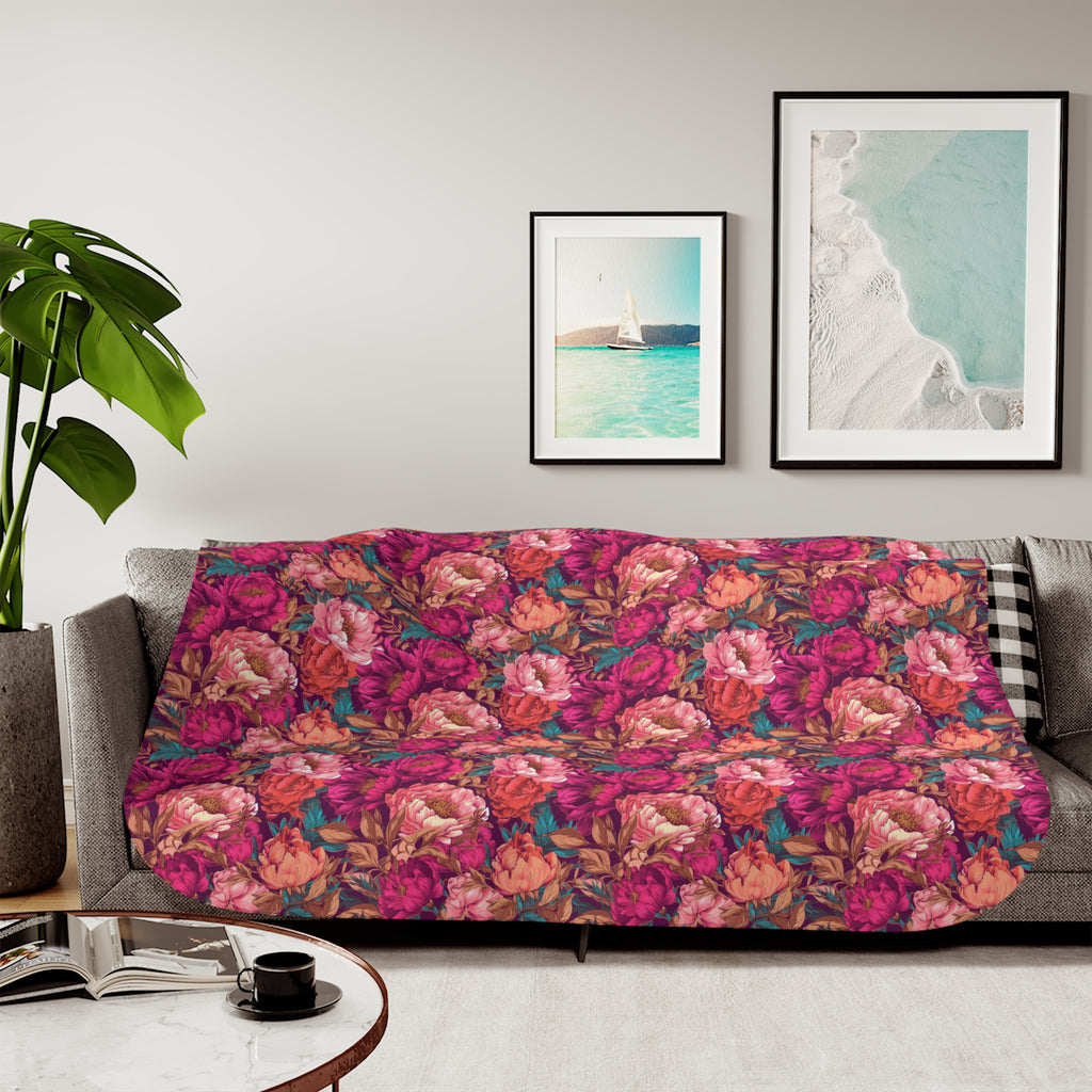 Vivid Magenta Peony Maximalist Sherpa Throw Blanket