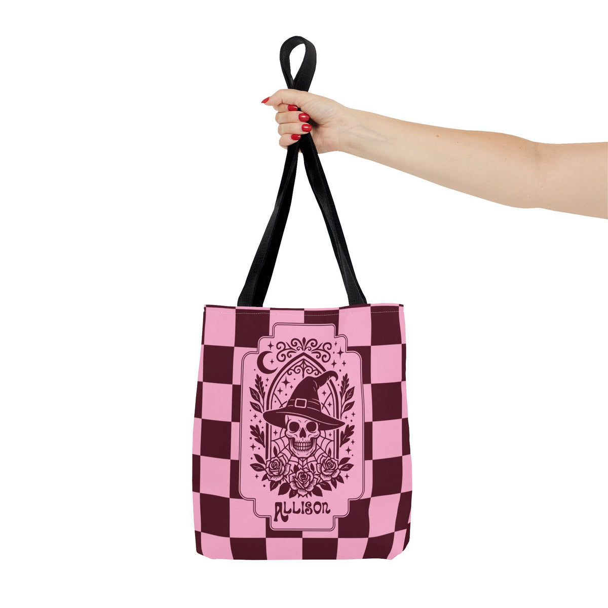 Pink Spooky Checkerboard Carryall - Gothic Witch Skull Personalizable Tote