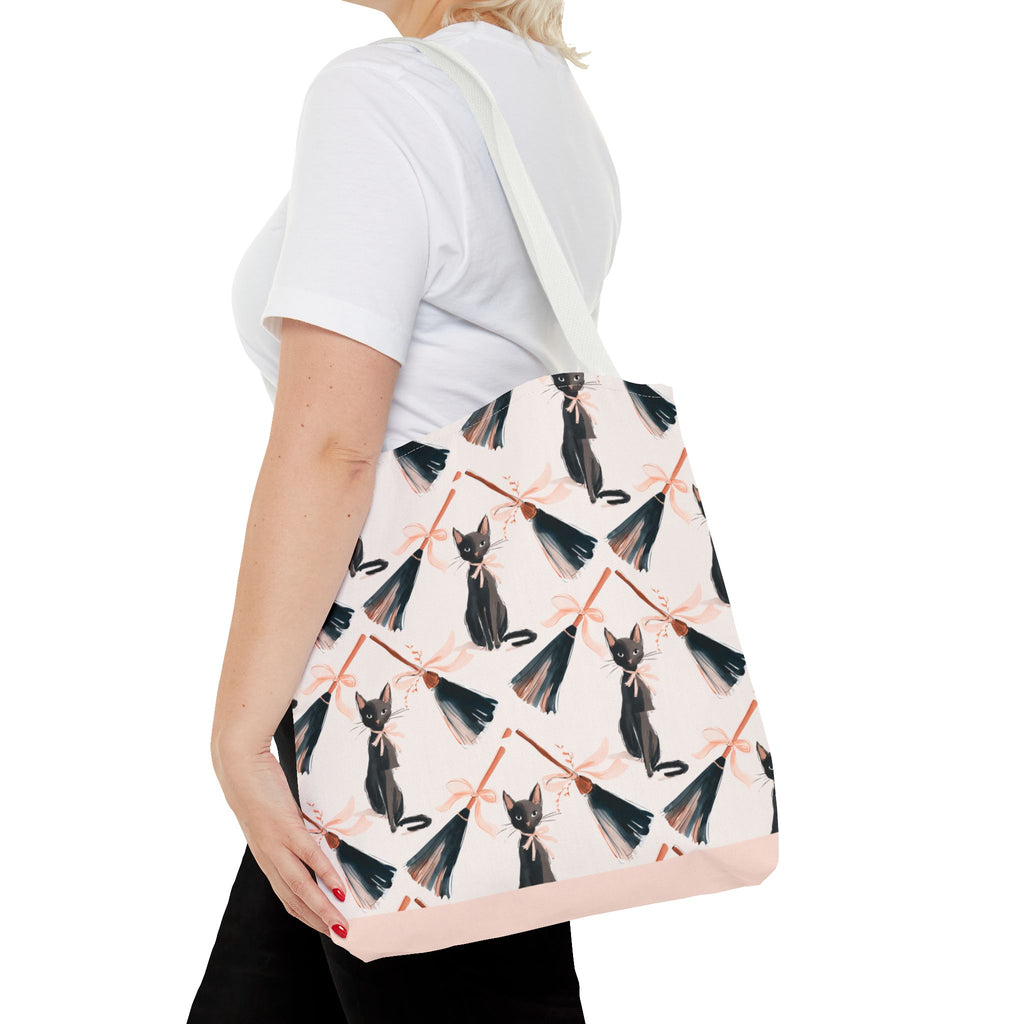 Witchy Black Cat and Broom Tote Bag